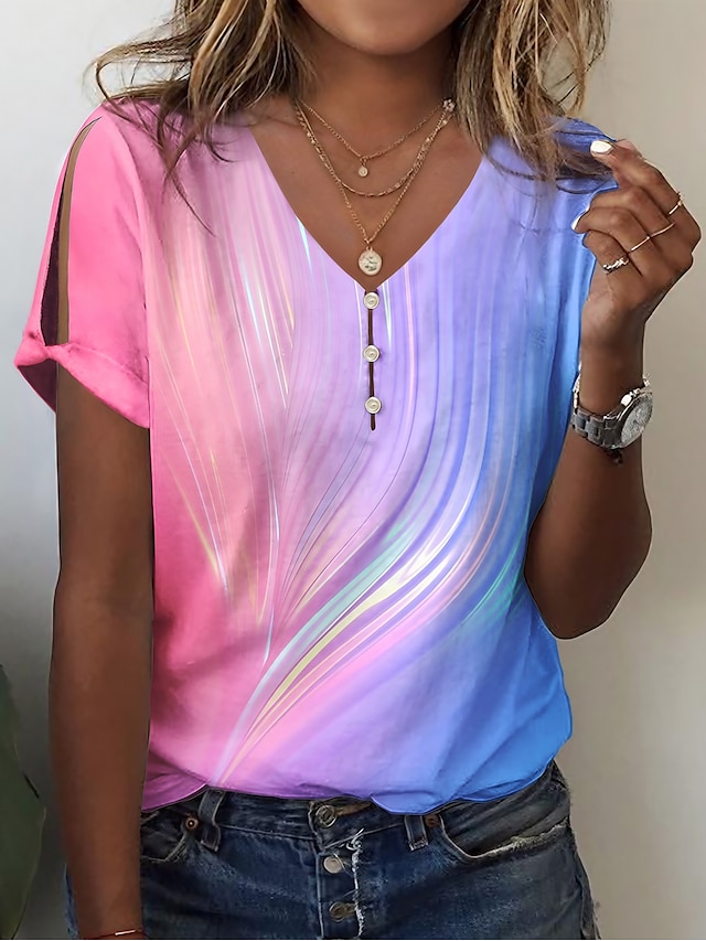  Dame T skjorte Nyanse Fargegradering Feriereise Knapp Utskjæring Rosa Kortermet Stilfull Neon og lyst V-hals Sommer