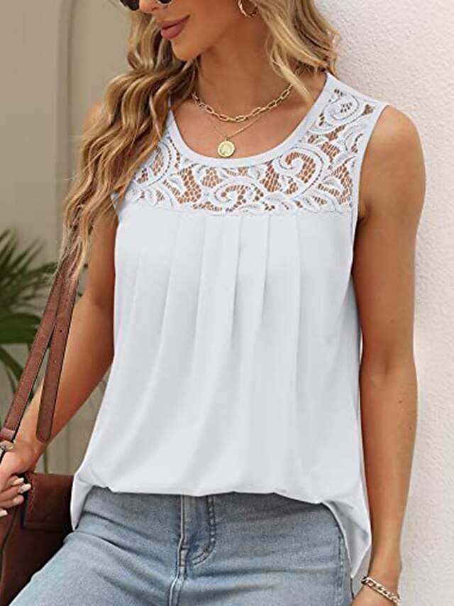 Women's Lace Shirt Tank Top Plain Casual Sleeveless White Lace ...