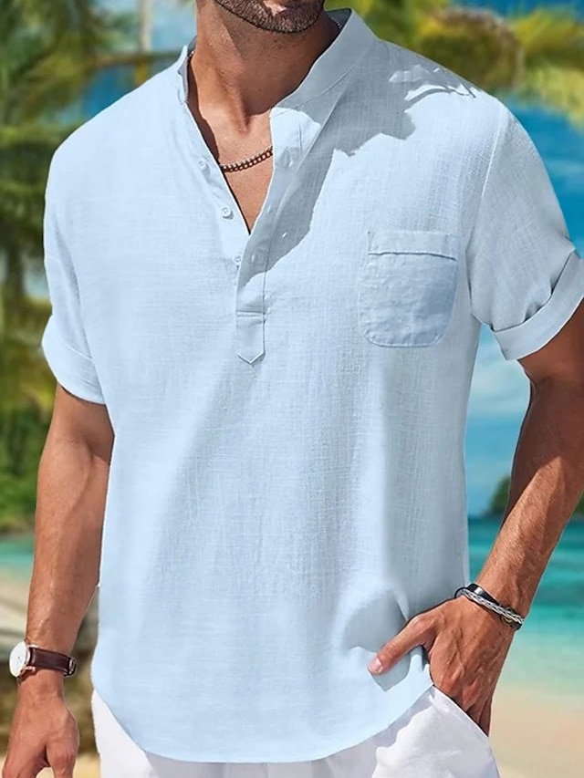  Men's Linen Shirt Summer Shirt Beach Shirt White Blue Khaki Short Sleeve Plain Standing Collar Spring & Summer Hawaiian Holiday Clothing Apparel Basic