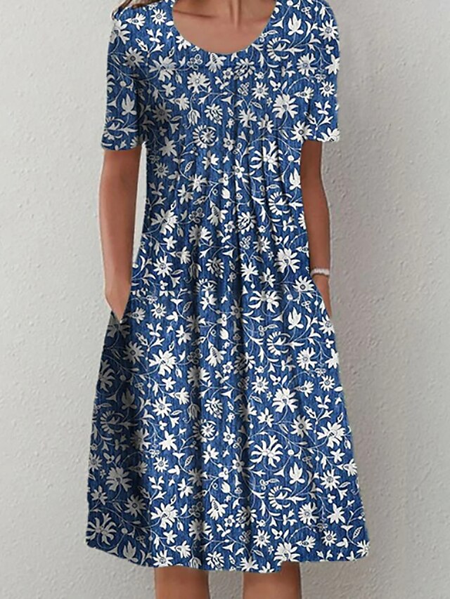 Women's Casual Dress Midi Dress Blue Short Sleeve Floral Ruched Summer ...