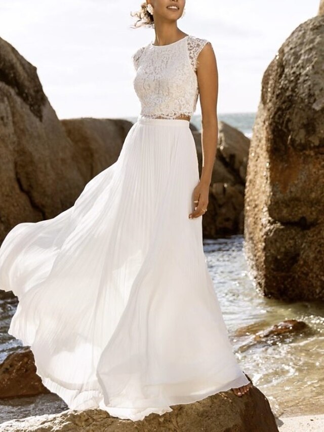  Beach Boho Wedding Dresses Two Piece Scoop Neck Sleeveless Floor Length Chiffon Bridal Suits Bridal Gowns With Appliques Solid Color 2023
