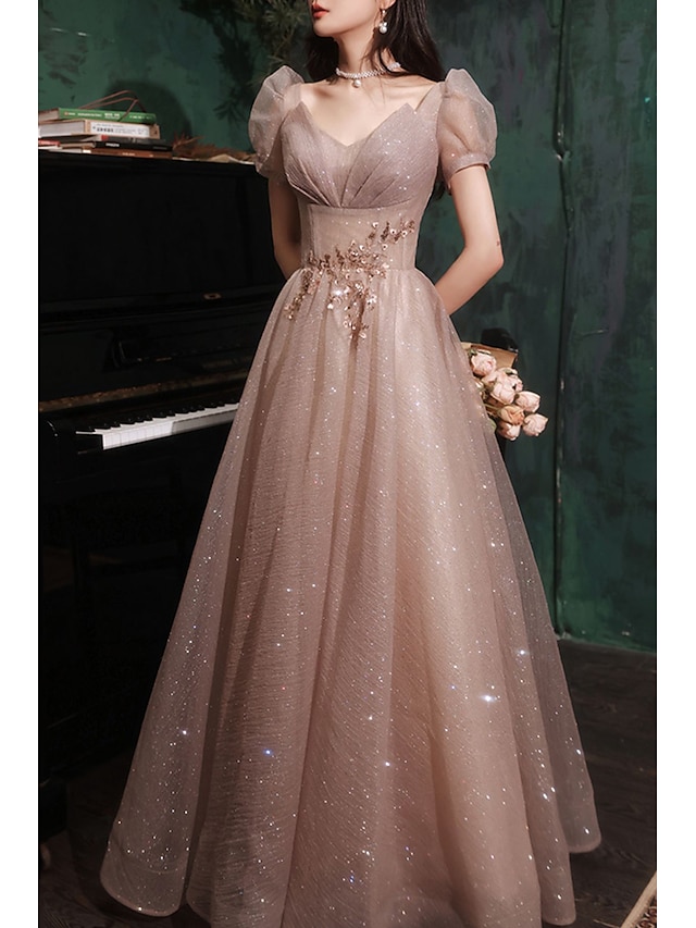 A-Line Prom Party Dress Sparkle & Shine Dress Prom Valentine‘s Day Floor Length Short Sleeve V Neck Tulle with Sequin 2024