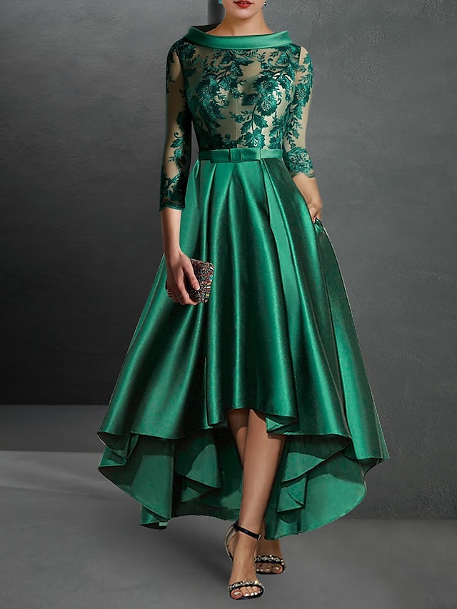  Κοκτέιλ φόρεμα σε γραμμή κόκκινο πράσινα φορέματα κομψό φόρεμα κόκκινο πράσινο φόρεμα επίσημο ασύμμετρο μανίκι 3/4 μήκους κόσμημα λαιμόκοψη φθινοπωρινό guest σατέν γάμου με πιέτες απλικέ 2024