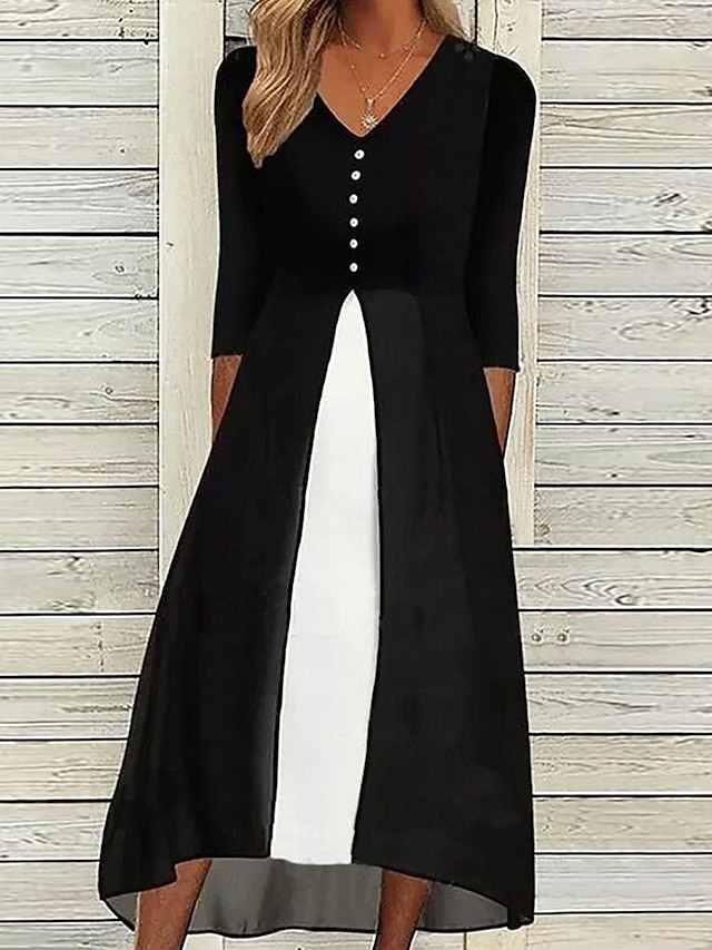 Women's Casual Dress Black Dress Summer Dress Midi Dress Patchwork ...