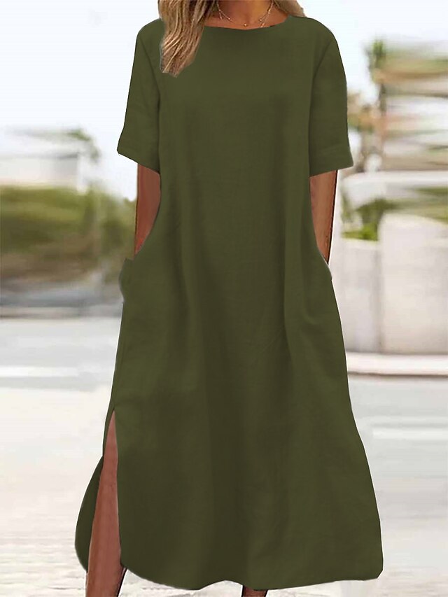  Damen Armeegrün Schwarz Wein Sommer Frühling Maxikleid Leinen-inspirierte Kleider Freizeitkleid Täglich Basic Lässig Heim Täglich Strand Lässiger Schnitt Einfach Rundhalsausschnitt