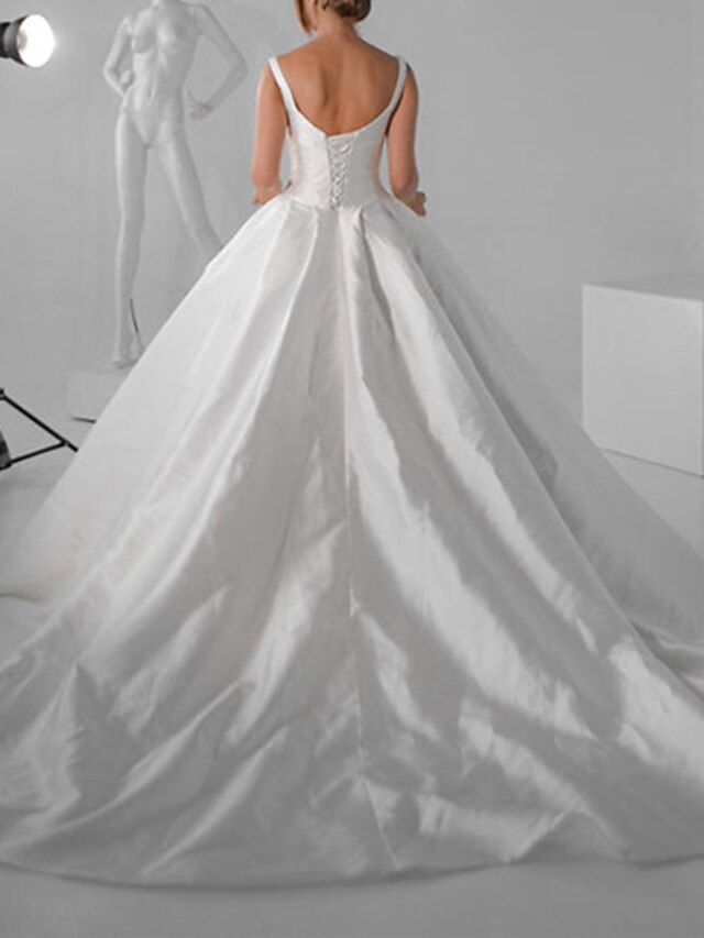 Formal Wedding Dresses Ball Gown Square Neck Short Sleeve Chapel Train Satin Bridal Gowns With Solid Color main image 0