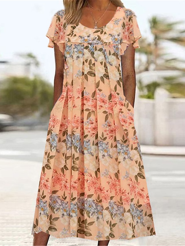  Γυναικεία Σουρωτά Στάμπα Στρογγυλή Ψηλή Λαιμόκοψη Μίντι φόρεμα Καθημερινά Διακοπές Κοντομάνικο Καλοκαίρι Άνοιξη