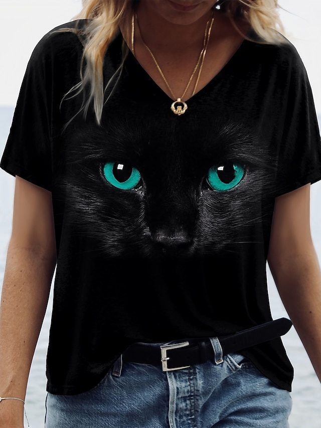  Damen T Shirt Katze 3D Täglich Wochenende Bedruckt Schwarz Kurzarm Basic V Ausschnitt