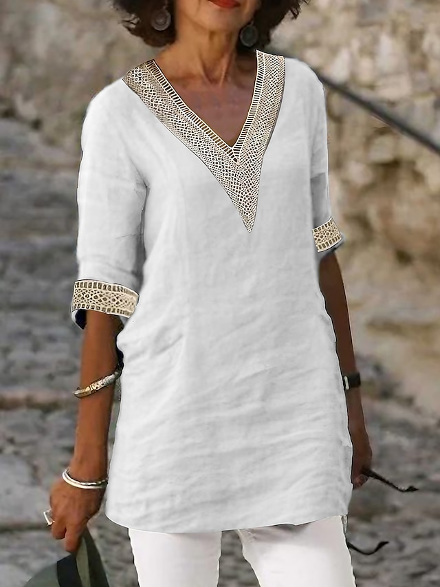  Γυναικεία Πουκάμισο Δαντελένιο πουκάμισο Μπλούζα Λευκό πουκάμισο με δαντέλα Λινό Σκέτο Causal Δαντέλα Μαύρο Μισό μανίκι Κομψό Μοντέρνα Βασικό Λαιμόκοψη V