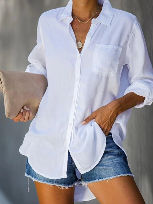 Women's Shirt Blouse Cotton Button Pocket Work Daily Solid Basic Long Sleeve Shirt Collar White Summer Spring 10