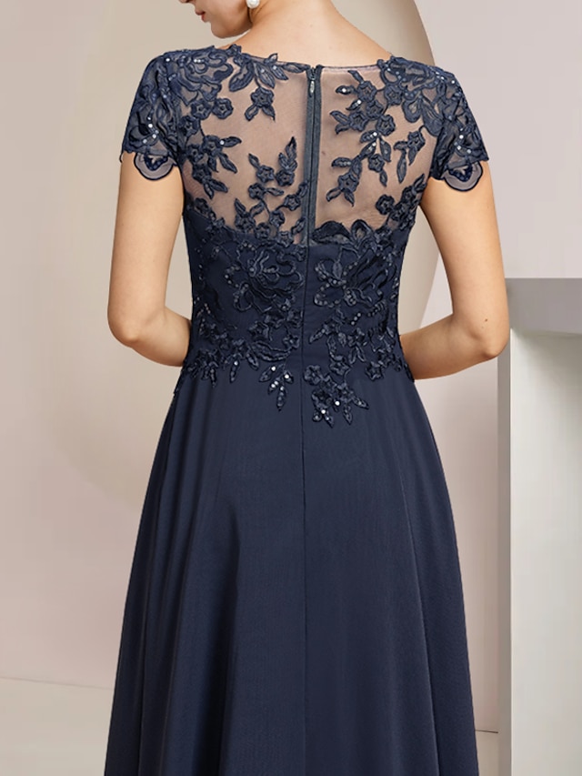 A-Line Mother of the Bride Dress Wedding Guest Elegant High Low Scoop Neck Asymmetrical Tea Length Satin Lace 3/4 Length Sleeve with Pleats Appliques main image 1