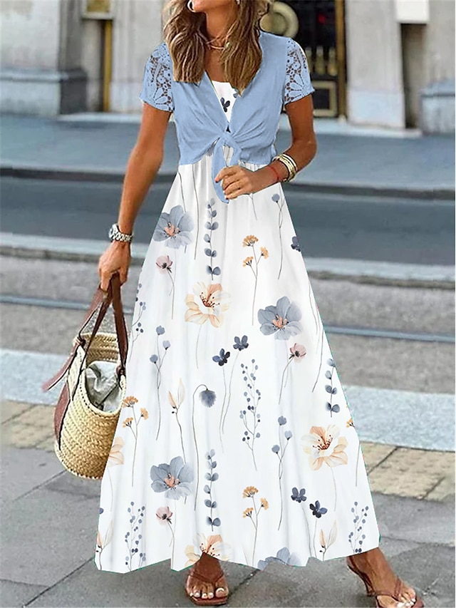  Damen Zweiteiliges Kleid-Set Casual kleid Schaukelkleid Kleid drucken Outdoor Täglich Elegant Modisch mit Schnürung Spitze kleid lang Rundhalsausschnitt Kurzarm Blumen Regular Fit Blau Sommer Frühling