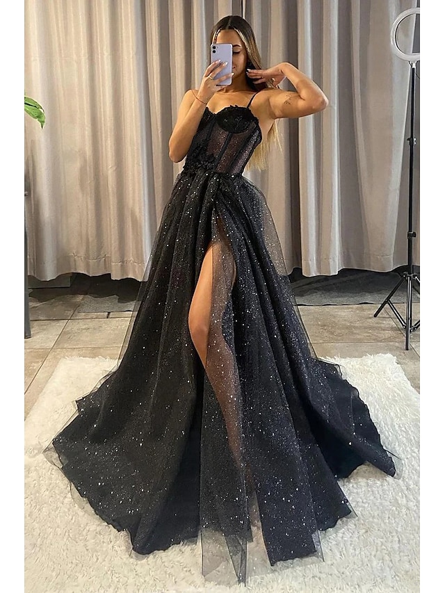 TS ALine Prom Dresses Corsets Dress Wedding Floor Length Sleeveless Scoop Neck Tulle with Slit