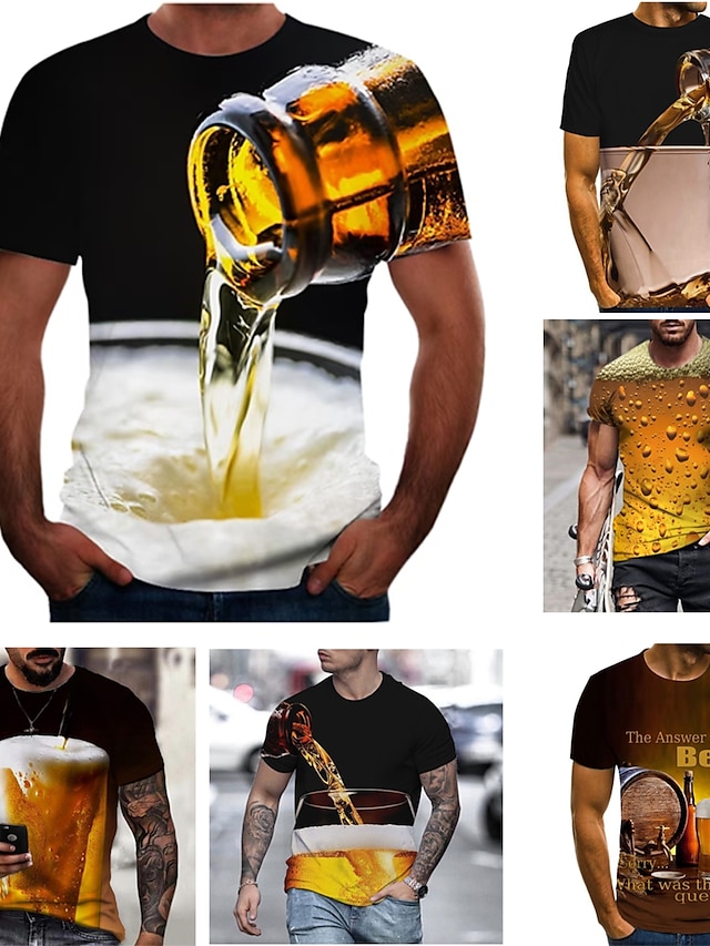  Men's Shirt T shirt Tee Graphic 3D Beer Round Neck Dark Grey A B C D Plus Size Going out Weekend Short Sleeve Clothing Apparel Basic