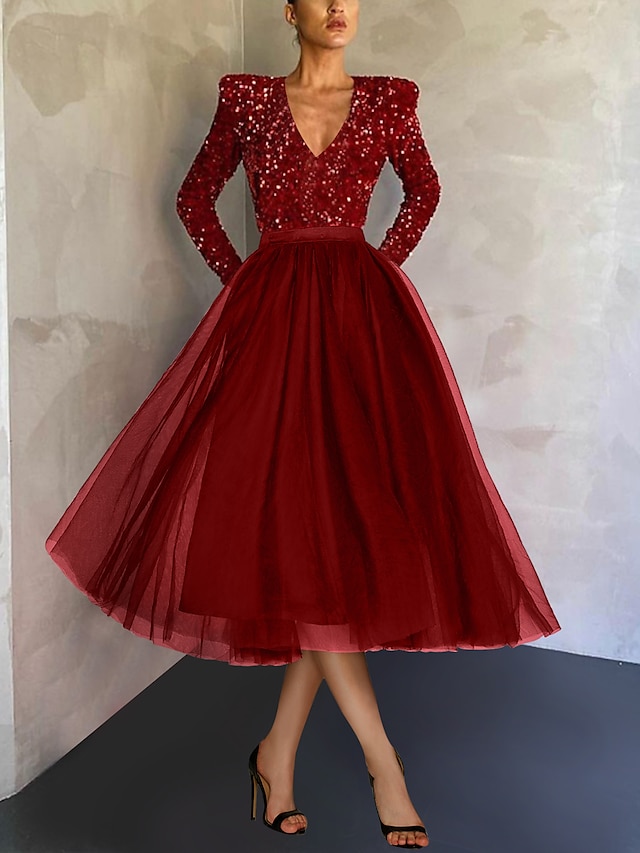  Ball Gown A-Line Cocktail Dress Red Green Dresses Vintage Dress Evening Party Cocktail Party Tea Length Long Sleeve Jewel Neck Fall Wedding Guest Tulle with Sequin 2024