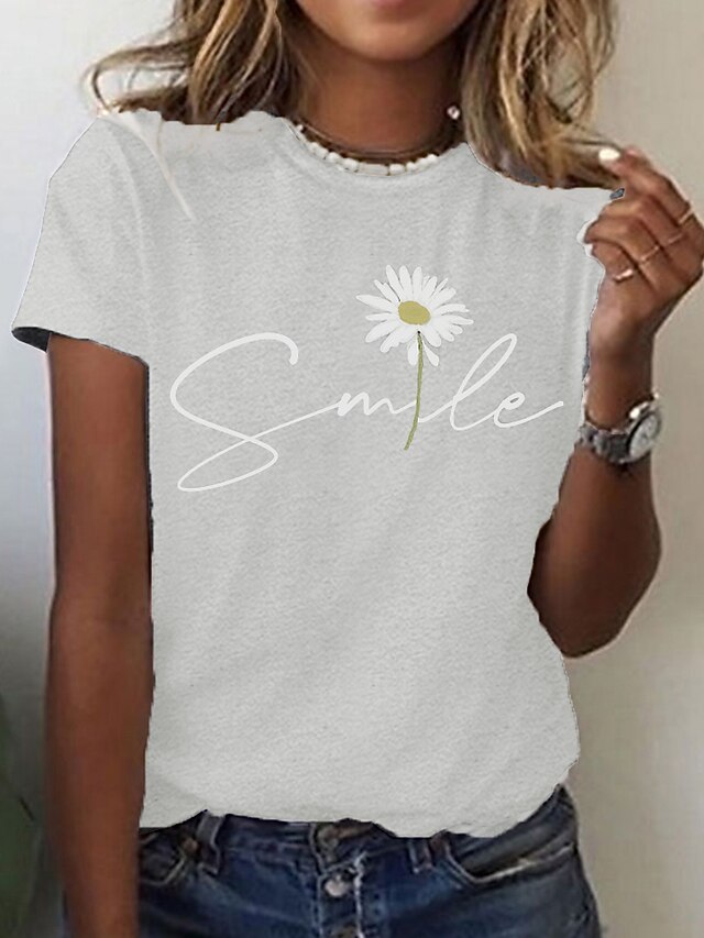 Women's T shirt Tee 100 Cotton Black White Yellow Graphic Daisy Print Short Sleeve Daily Going
