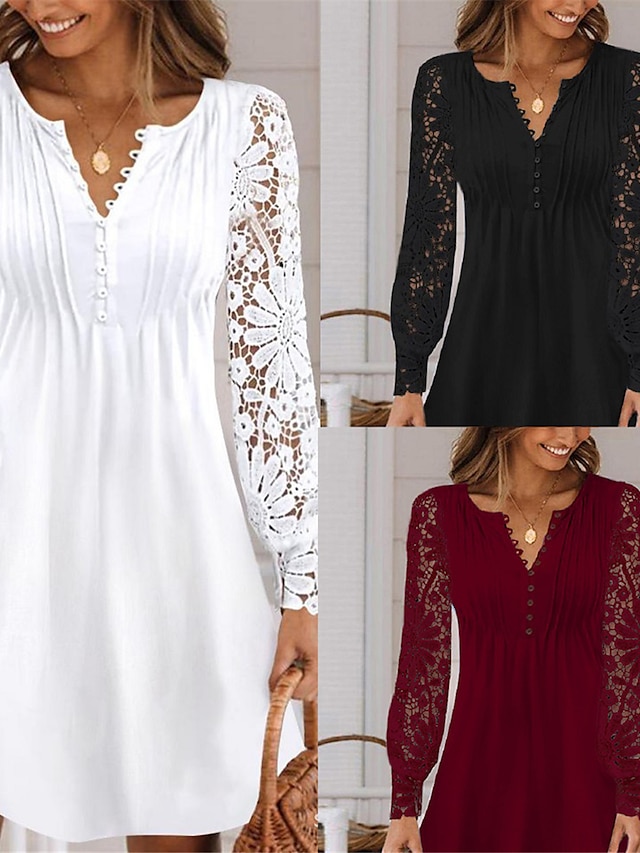  Damen Weißes Kleid Minikleid Kontrastspitze Taste Täglich Verabredung Urlaub Modisch Modern Rundhalsausschnitt Langarm Schwarz Weiß Farbe