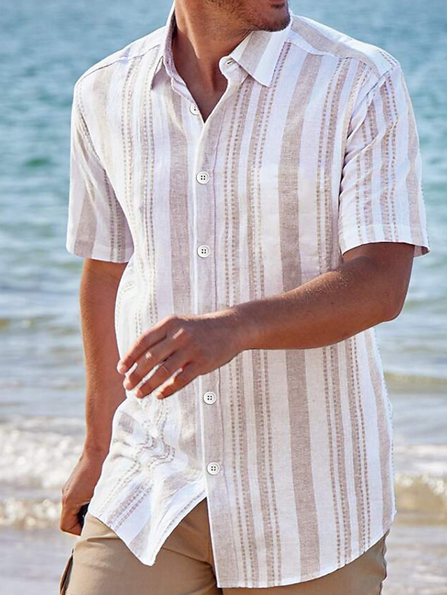  בגדי ריקוד גברים חולצה חולצה עם כפתורים חולצת קיץ חולצה קז'ואל חולצת חוף לבן שרוול קצר פסים דש רחוב חופשה דפוס ביגוד אופנתי לנופש הוואי