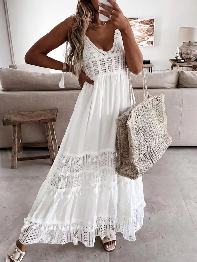  Women's White Dress Lace Dress White Lace Wedding Dress Long Dress Maxi Dress Tassel Fringe Hollow Out Daily Vacation V Neck Sleeveless Summer Spring White Beige Pure Color