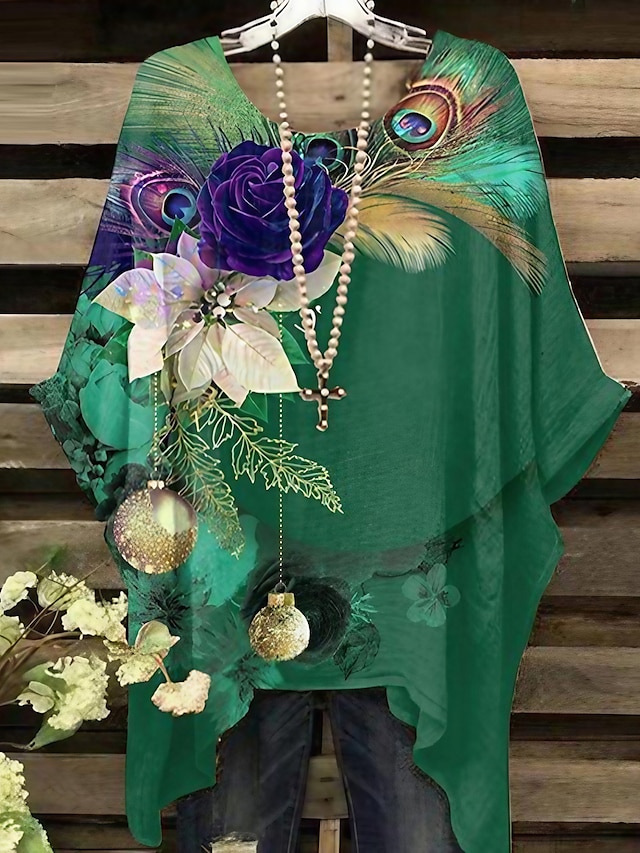  Damen Hemd Bluse Chiffon Blumen Feder Casual Festtage Bedruckt Asymmetrisch Grün Kurzarm Basic Neon und Hell Rundhalsausschnitt