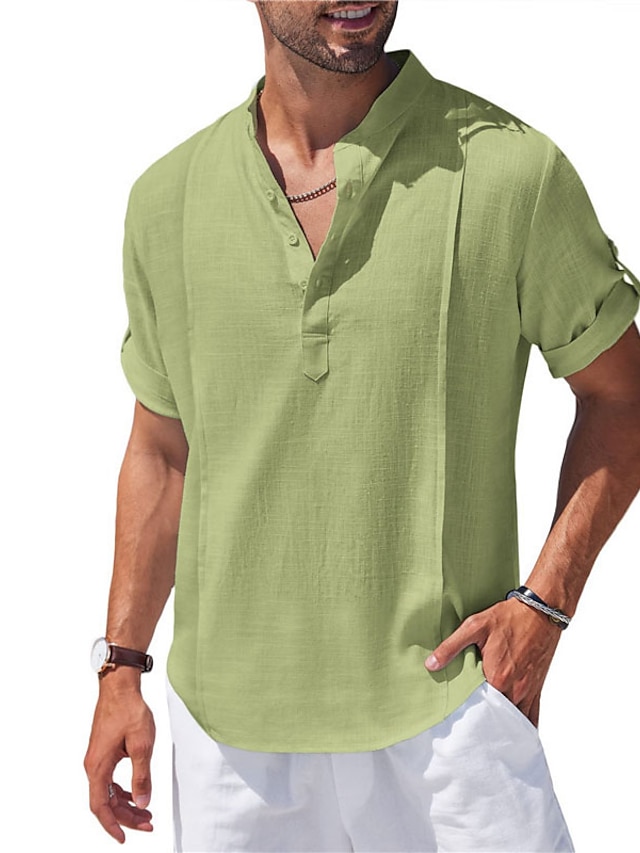  Homens Camisa Social Camisa de linho de algodão Camisa casual camisa de verão camisa de praia Preto Branco Rosa Manga Curta Tecido Faixa Verão Casual Diário Roupa