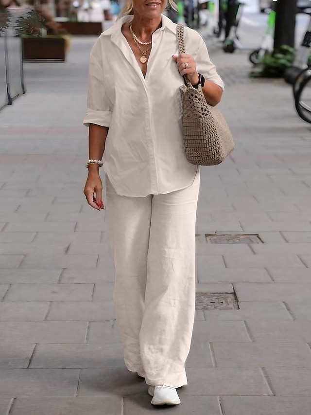  Mujer Camisa Conjuntos de pantalones Tops largos de algodón Top de algodón blanco Color sólido Casual Diario Rosa Manga Larga Elegante Moda Básico Cuello Camisero Otoño invierno