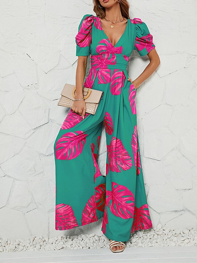Women's Jumpsuit Pocket Print Floral V Neck Holiday Street Daily Party Loose Fit Short Sleeve
