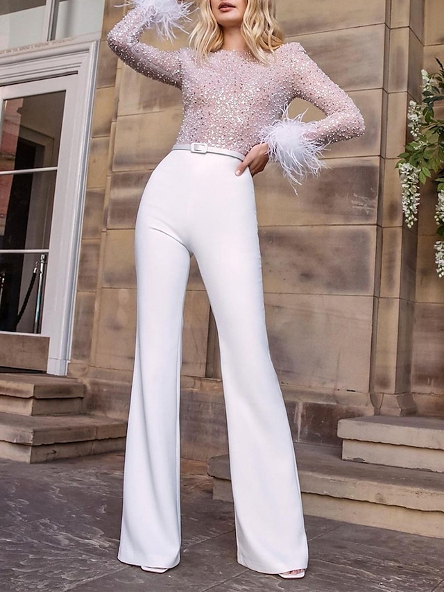  γυναικεία ολόσωμη φόρμα με ψηλόμεσο φτερό αστραφτερό μονόχρωμο πλήρωμα λαιμόκοψη streetwear γαμήλιο πάρτι κανονική εφαρμογή μακρυμάνικο λευκό ροζ μπλε s m l καλοκαίρι