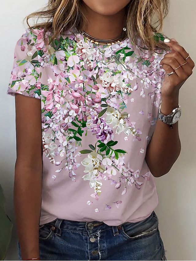  Women's T shirt Tee Floral Print Holiday Weekend Basic Short Sleeve Round Neck Custom Print