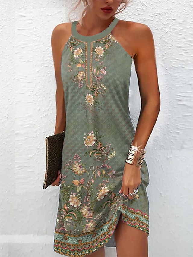  Γυναικεία Φλοράλ Στάμπα Λαιμός Μίνι φόρεμα Καθημερινά Ημερομηνία Αμάνικο Καλοκαίρι Άνοιξη