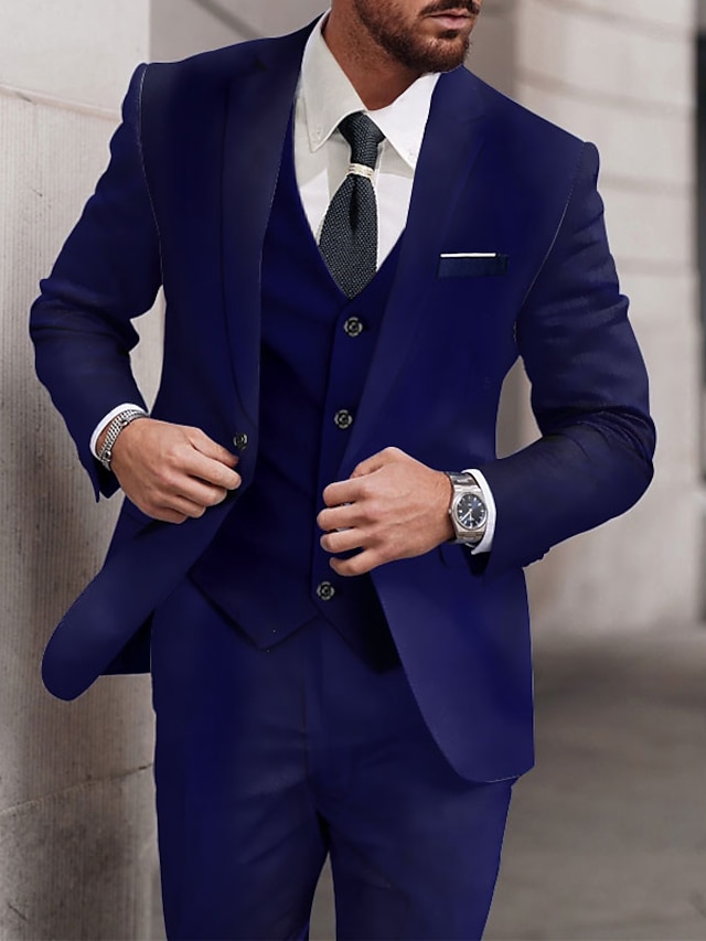  Trajes de boda para hombre, color azul real, azul cielo, morado, 3 piezas, color sólido, ajuste estándar, botonadura única, un botón, 2024