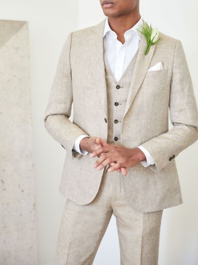 Mens Linen Suits Beach Wedding Beige 3 Piece Solid Colored Summer