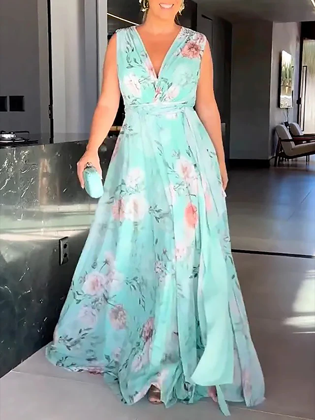 Women's Valentine's Day Long Dress Maxi Dress Party Dress Wedding Guest Dress Chiffon Dress Floral Print Modern Elegant Dress Outdoor Holiday Date Backless Zipper Sleeveless V Neck Dress Regular Fit 6