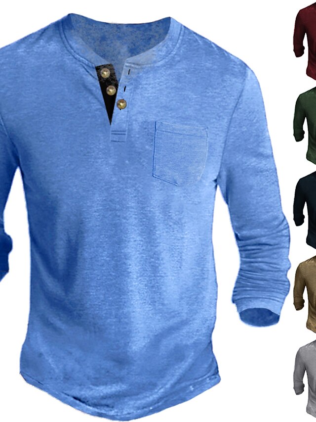 Men's Henley Shirt Tee Solid Color Henley Wine Green Black Blue Khaki