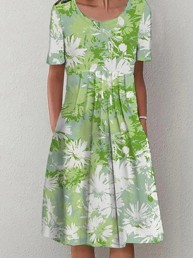 Women's Summer Dress Print Dress Floral Print Pocket Crew Neck Midi