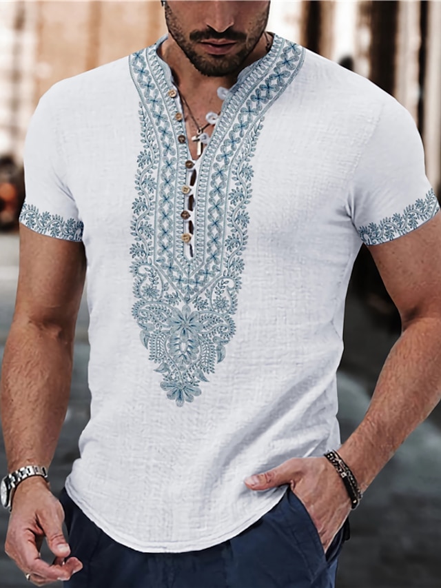  мужская рубашка льняная рубашка с цветочным графическим принтом винтажная стойка воротник синий зеленый хаки серый уличная уличная с коротким рукавом принт одежда одежда льняная мода уличная