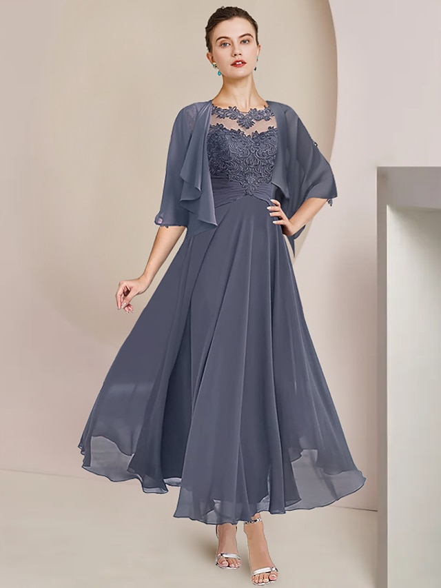  Two Piece A-Line Mother of the Bride Dress Formal Wedding Guest Elegant Scoop Neck Tea Length Chiffon Lace 3/4 Length Sleeve Wrap Included with Appliques Ruching 2024