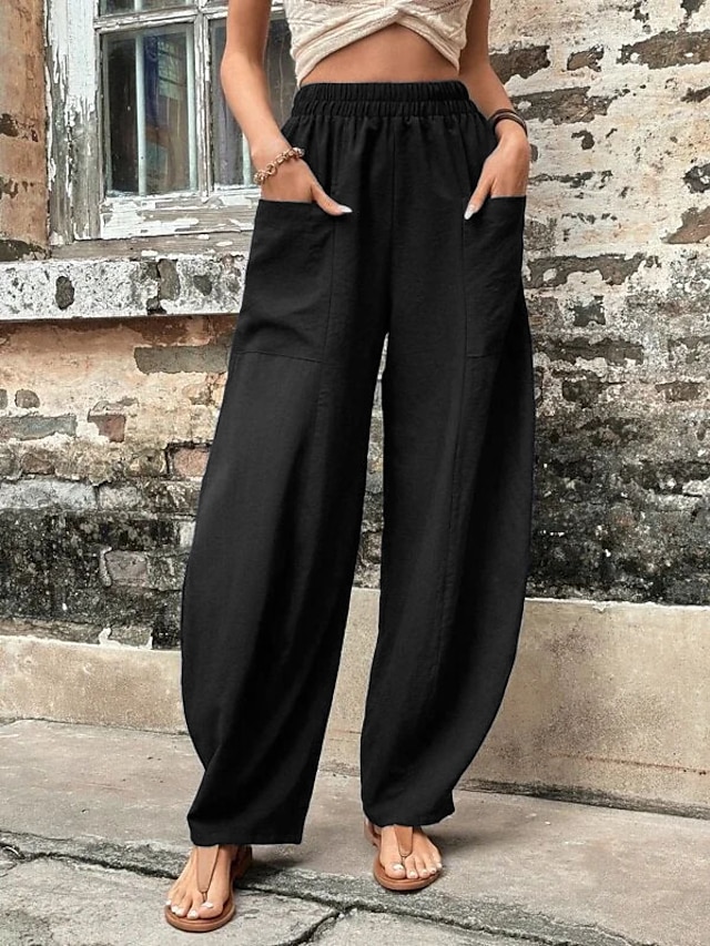 Women's Linen Pants Tapered pants Side Pockets Baggy Full Length Black ...