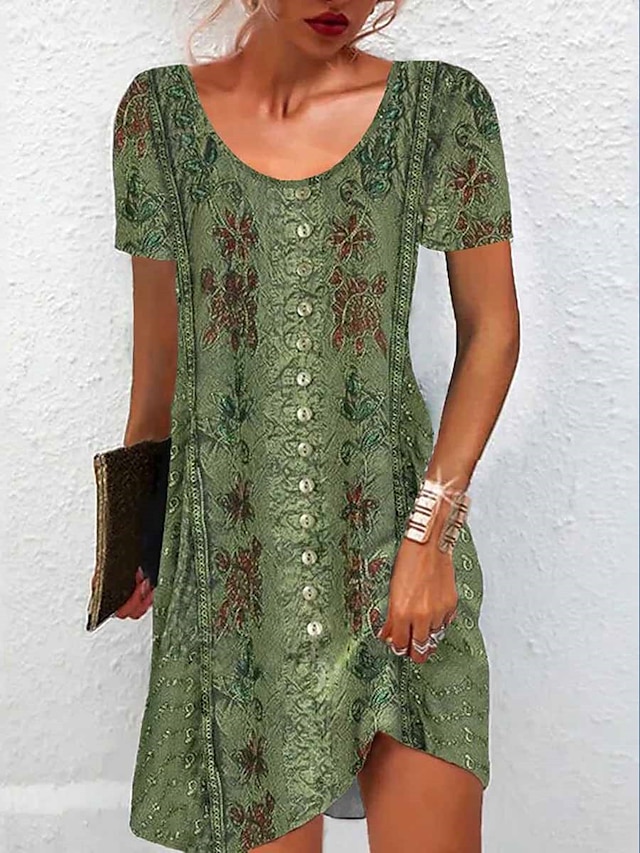  Femme Floral Imprimer Col Ras du Cou Mini robe Rendez-vous Manche Courte Eté Printemps