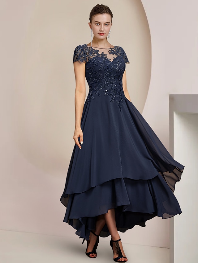  A-Line Mother of the Bride Dress Formal Wedding Guest Elegant High Low Scoop Neck Asymmetrical Tea Length Chiffon Lace Short Sleeve with Sequin Appliques 2024