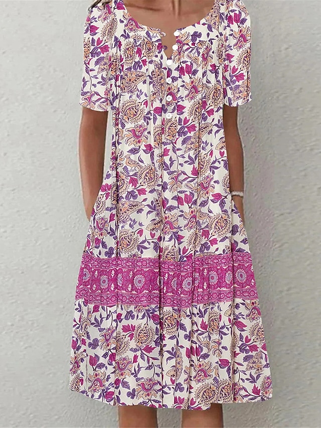  Women's Floral Print Crew Neck Midi Dress Date Short Sleeve Summer Spring
