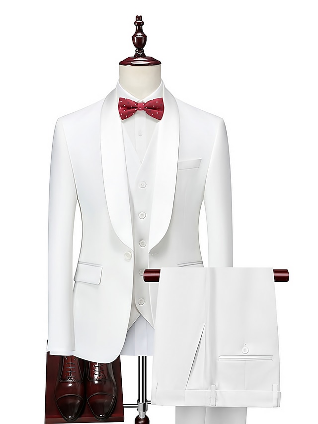  Costumes de mariage blancs pour hommes, 3 pièces, couleur unie, coupe standard, simple boutonnage, un bouton, 2024