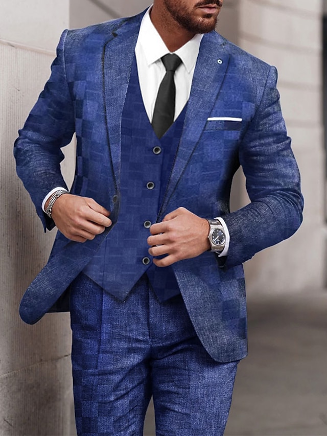  Royal Blue Men's Plaid Wedding Homecoming Suits 3 Piece Checkered Tailored Fit Single Breasted One-button 2024
