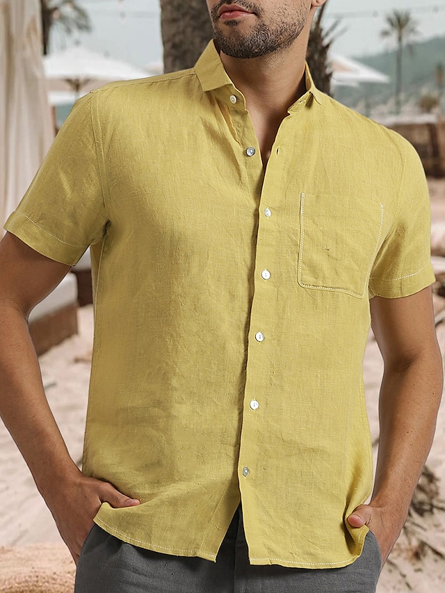 Men's Shirt Linen Shirt Cotton Linen Shirt Casual Shirt Summer Shirt Beach Shirt Black White Yellow Short Sleeve Plain Lapel Spring & Summer Hawaiian Holiday Clothing Apparel Pocket