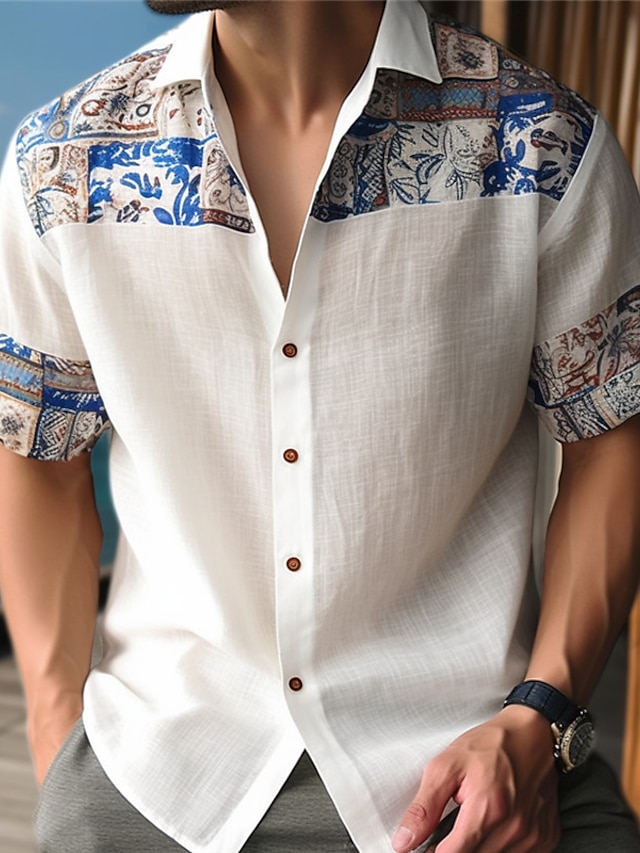  Men's Shirt Floral Tribal GraphicTurndown Apricot Blue Khaki Outdoor Street Short Sleeves Print Clothing Apparel Fashion Designer Casual Soft