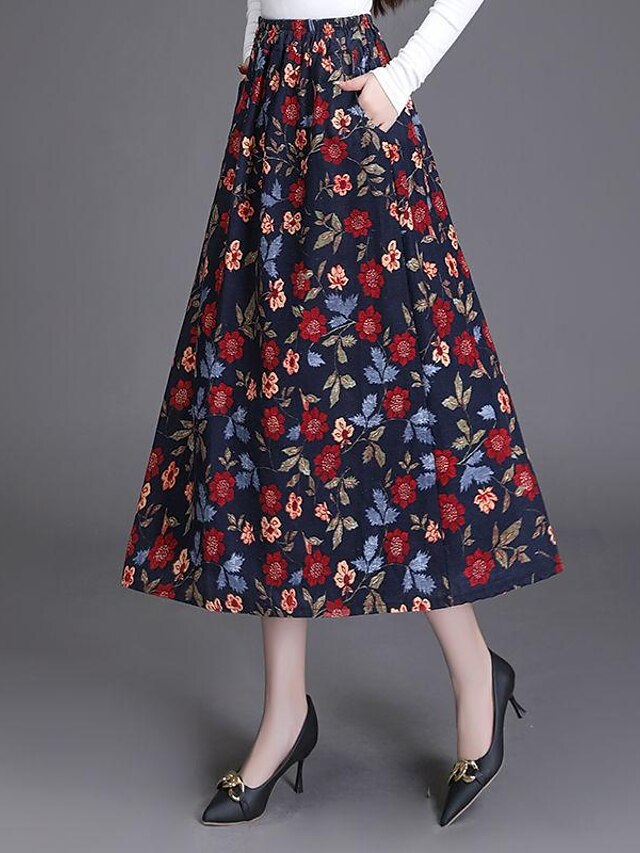 Women's Skirt Midi Cotton And Linen Navy Blue Brown Green Skirts Print