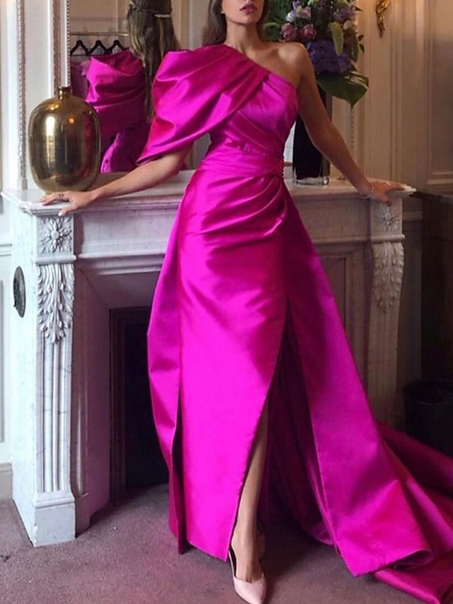  Mermaid / Trumpet Evening Gown Sexy Dress Summer Court Train Sleeveless One Shoulder Fall Wedding Reception Satin with Ruched Slit 2024