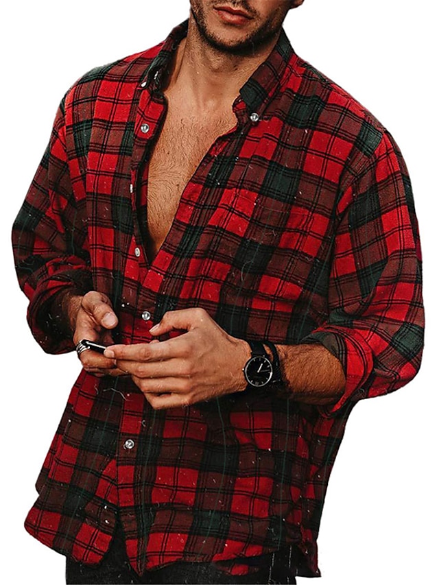  Per uomo Camicia Camicia casual Camicia con Bottoni Giallo Rosso Verde Plaid Bavero Vacanza Streetwear Base Abbigliamento Moda Tempo libero