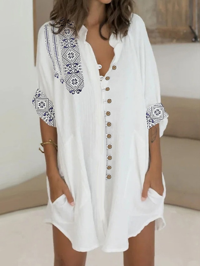  Γυναικεία Φόρεμα πουκαμίσα Μίνι φόρεμα Κουμπί Τσέπη Καθημερινό Καθημερινά Κολάρο Πουκαμίσου Κοντομάνικο Καλοκαίρι Άνοιξη Λευκό Φυλής