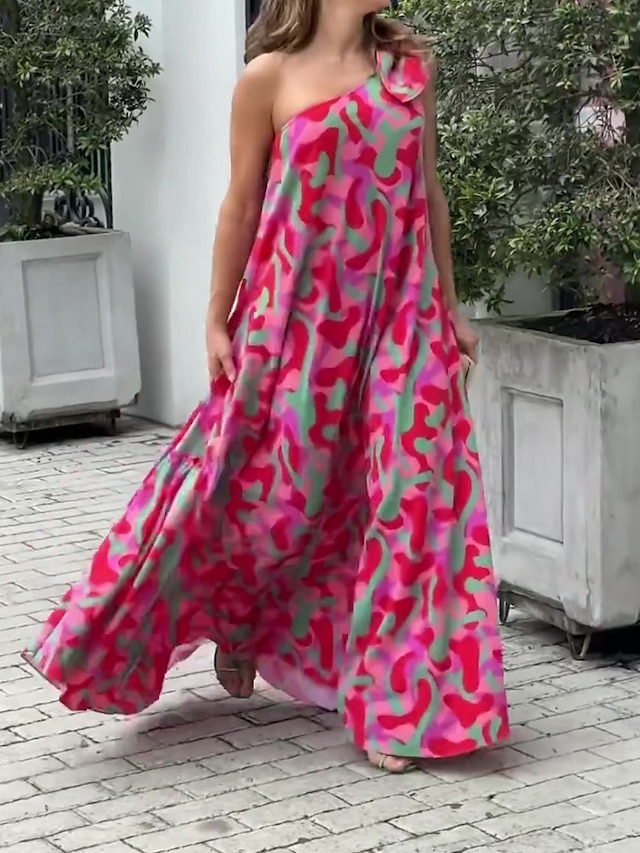  Női Virágos Nyomtatott Övvel Félvállas Maxi hosszú ruha Tropikus Ujjatlan Nyár